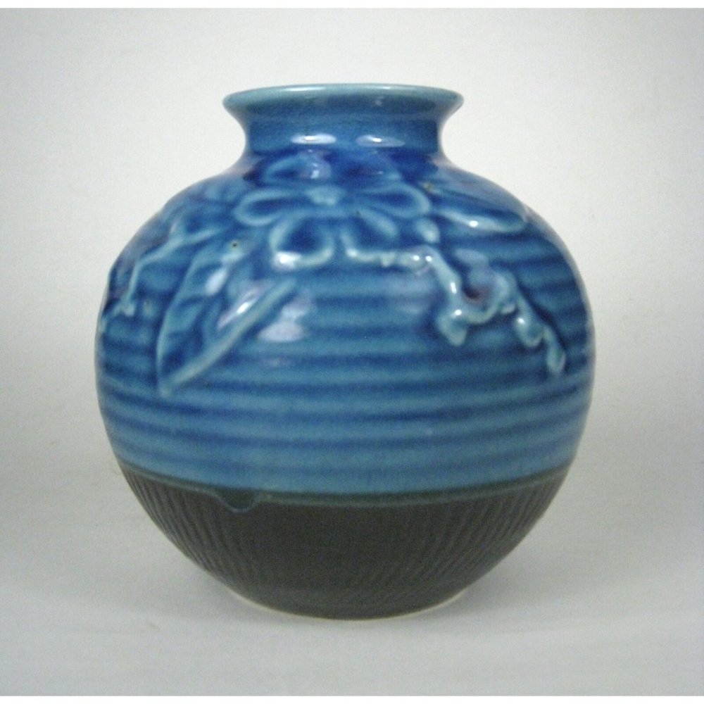 Vase Hand Crafted Blue Ceramic Glaze Drip Vietnam Flower Floral READ